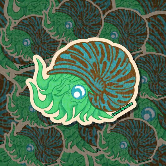 A die-cut sticker featuring a cartoon nautilus shell character in green, blue, and brown, shown against a repeating patterned background of the same design.