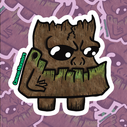 A sticker depicting a cartoon monster with a brown tree stump body, green moss, and a playful facial expression.