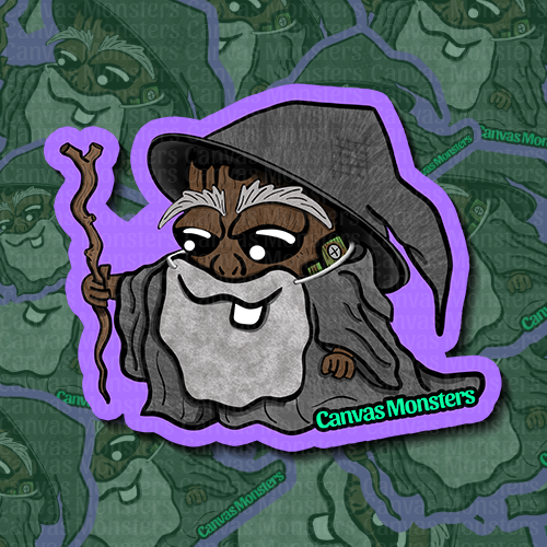 a wooden based Cartoon character with a hat and staff on a green background with 'Canvas Monsters' branding.