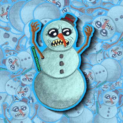 Frightening snowman sticker with a blue border on a patterned background
