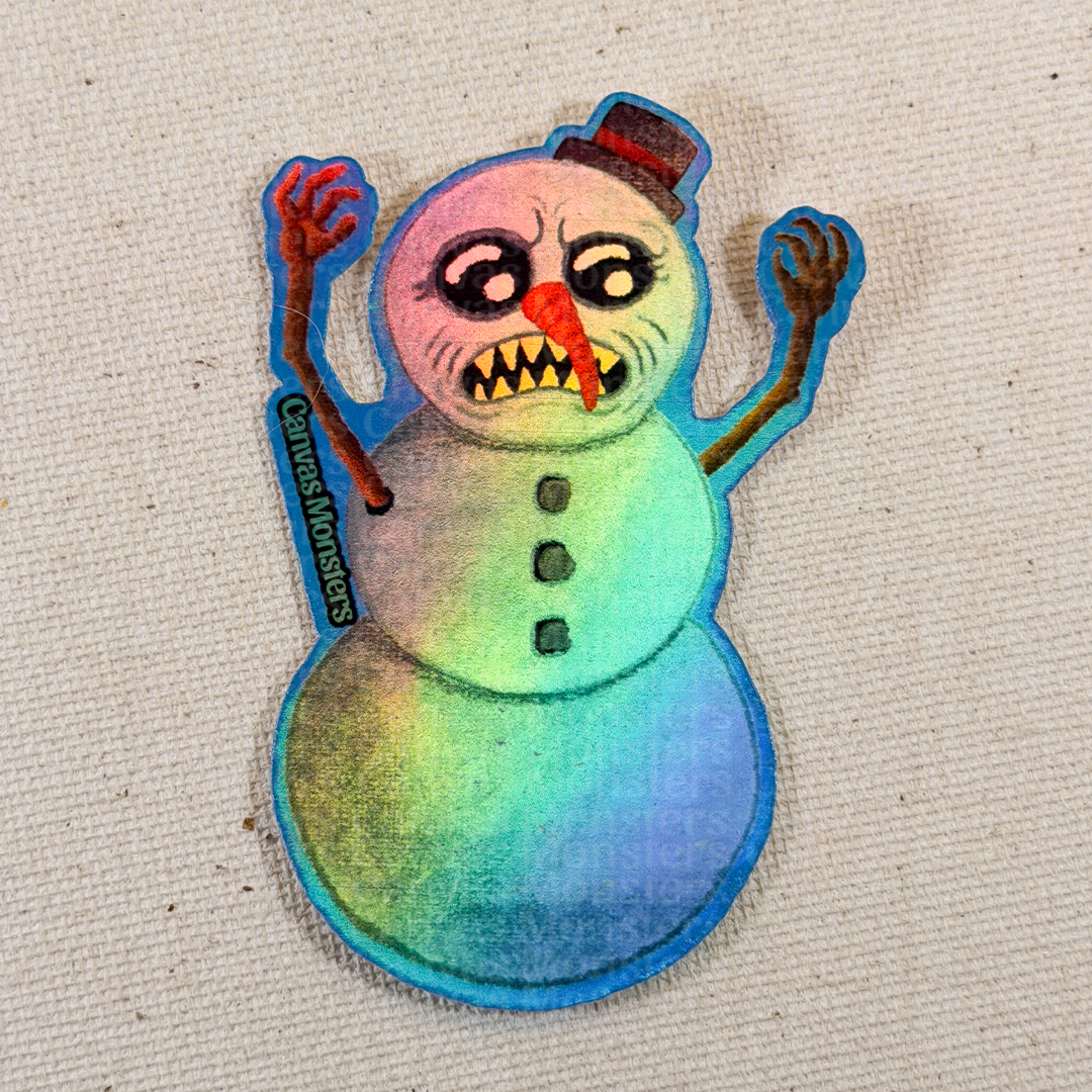 Holofoil sticker of a monster snowman on a textured beige background