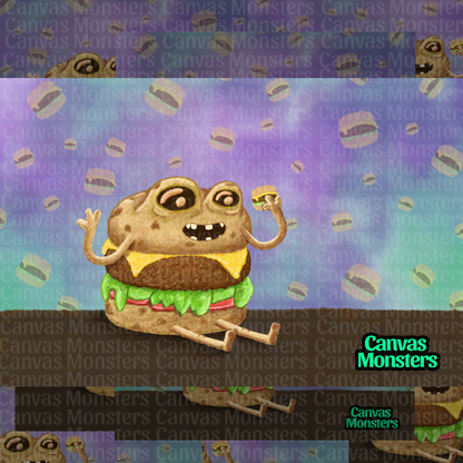 Picture of a Burger Monster sitting down holding a smaller burger. With burgers in the background. 