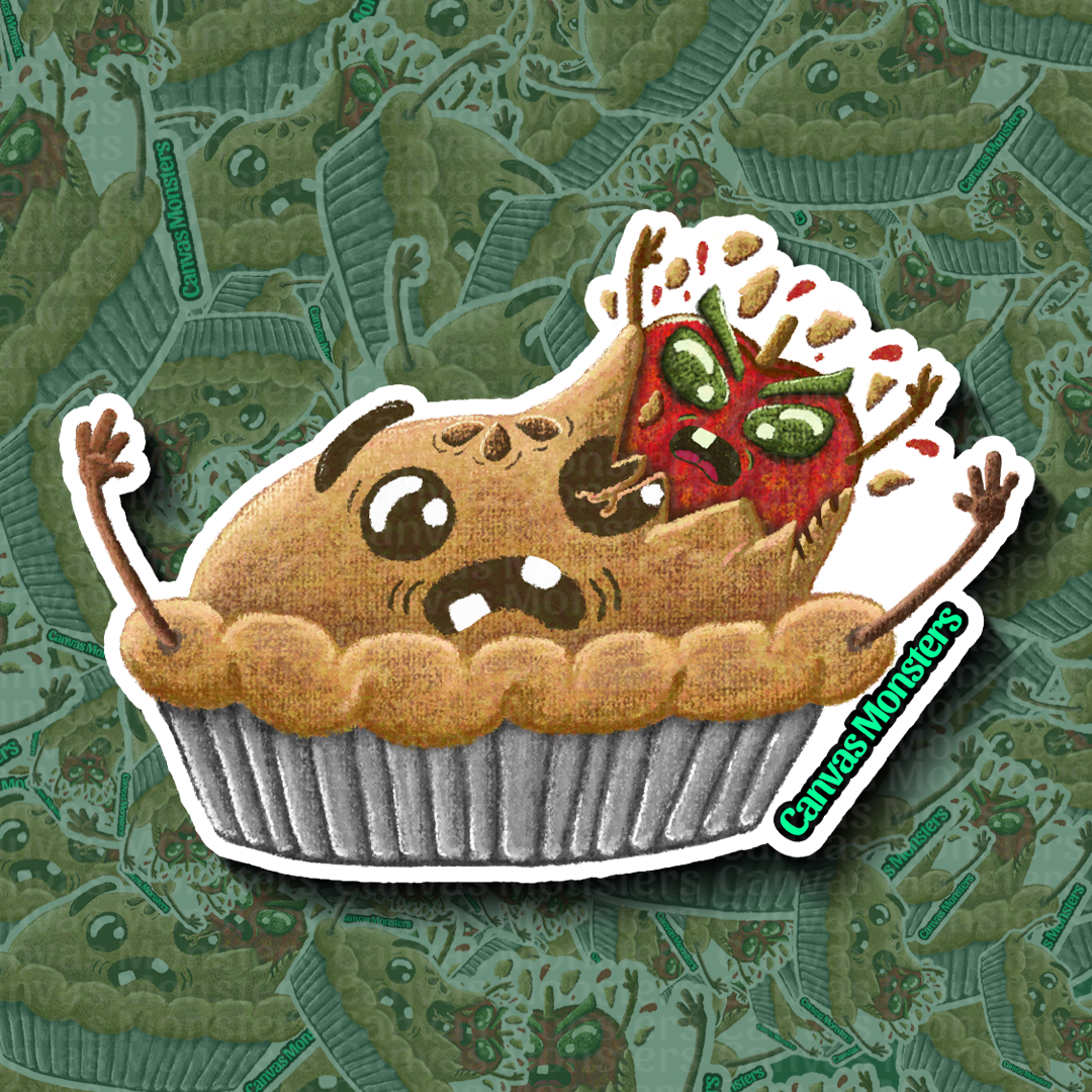 Cartoonish pie with face and an apple bursting out of it on a patterned background