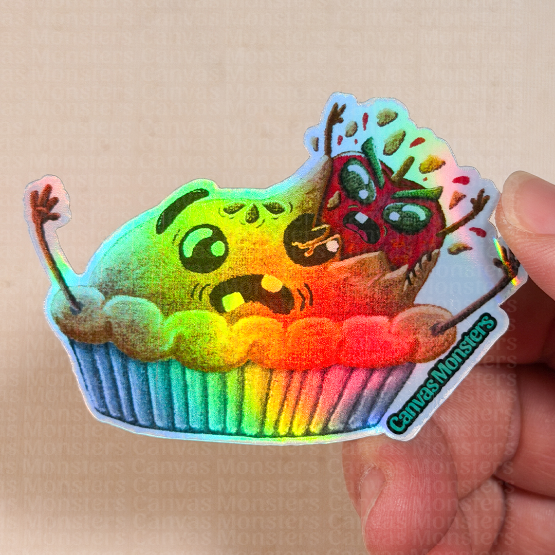Holographic sticker of a cartoonish pie with a cartoon apple bursting out of it on a textured beige background