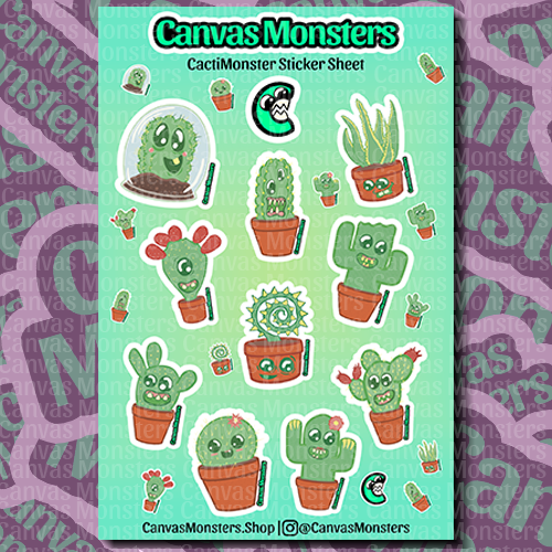 Sticker sheet of Canvas Monster cacti characters
