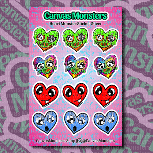 Sticker sheet with heart-shaped Canvas Monsters on a pink background.
