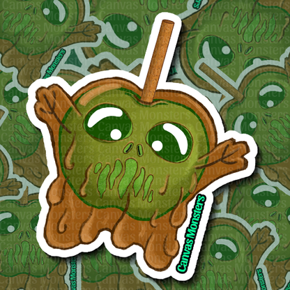 Cartoonish green caramel apple with brown hands and feet on a patterned background