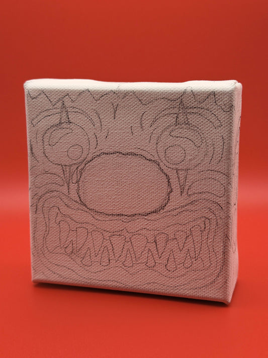 Square block canvas with a pencil sketch of a creepy clown character on a red background.