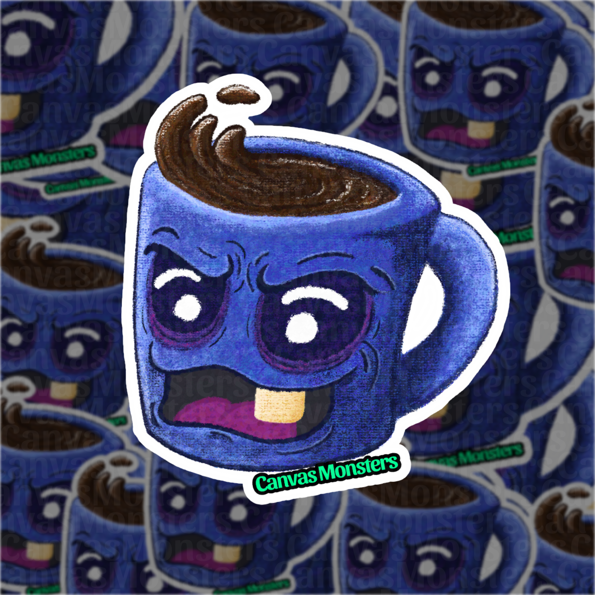 Angry blue coffee cup with cartoon face on a patterned background