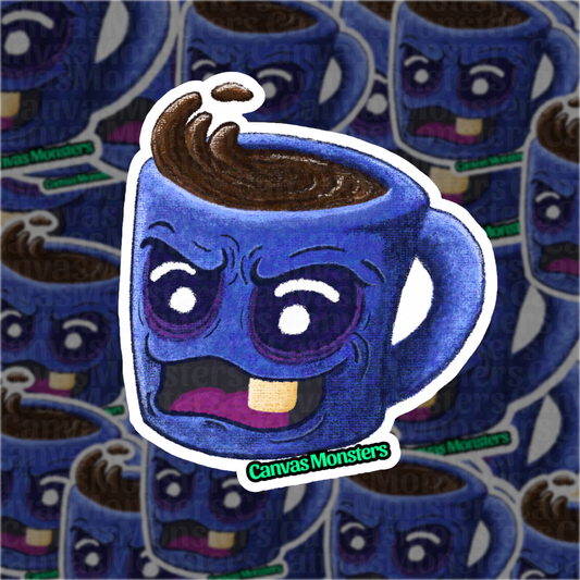 Angry blue coffee cup with cartoon face on a patterned background