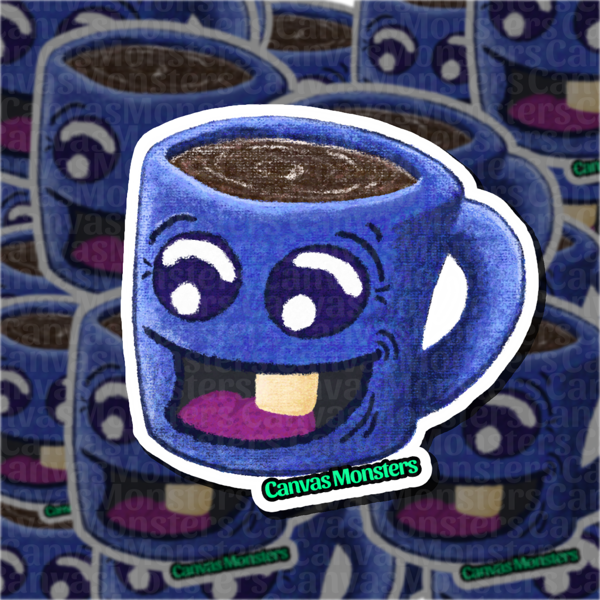 Blue cartoon coffee cup with a happy face on a patterned background, featuring 'Canvas Monsters' branding.
