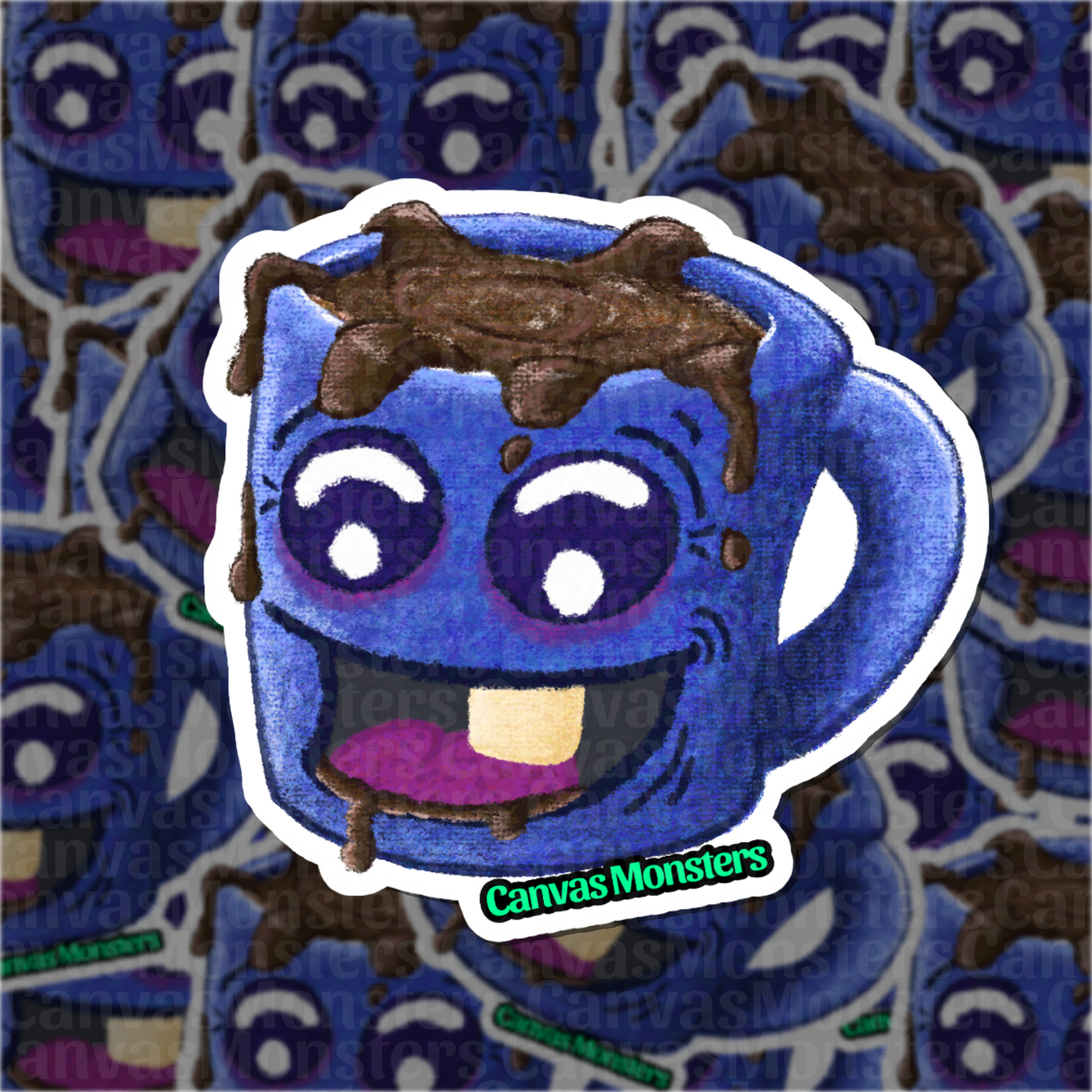 Blue cartoon mug with coffee spililng out, on top on a patterned background