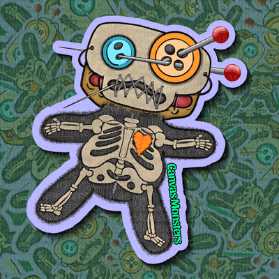 Colorful skeleton ragdoll design with a heart on a patterned background