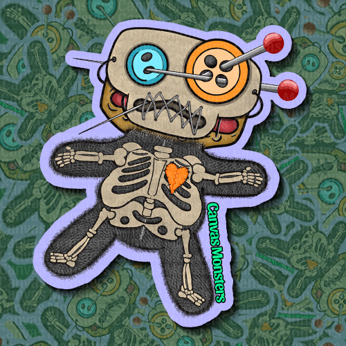Colorful skeleton ragdoll design with a heart on a patterned background