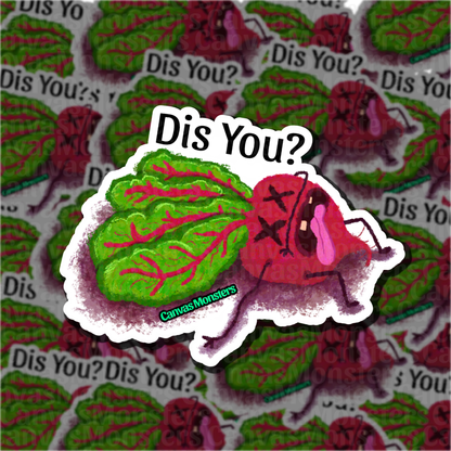 Cartoon character of a beet with the text "Dis You?" on a patterned background