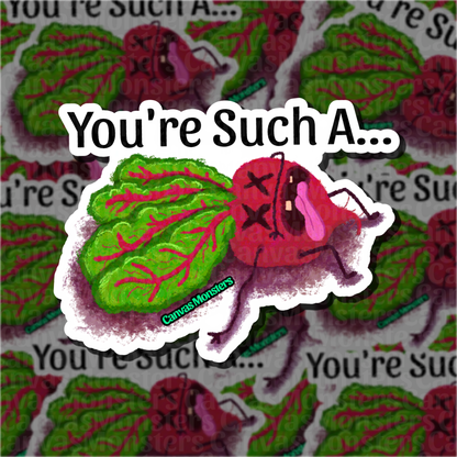 Sticker of a characterized beet and text on a patterned background