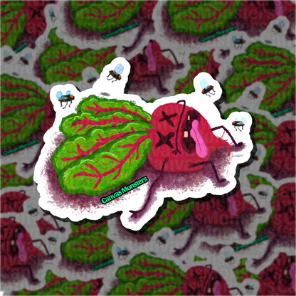 Sticker of a green leafy vegetable with flies buzzing around it and  'Canvas Monsters' branding on a patterned background.