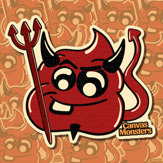 A dye-cut sticker shaped like a poop emoji, but characterized as a red devil, holding a trident, in front of a patterned background.