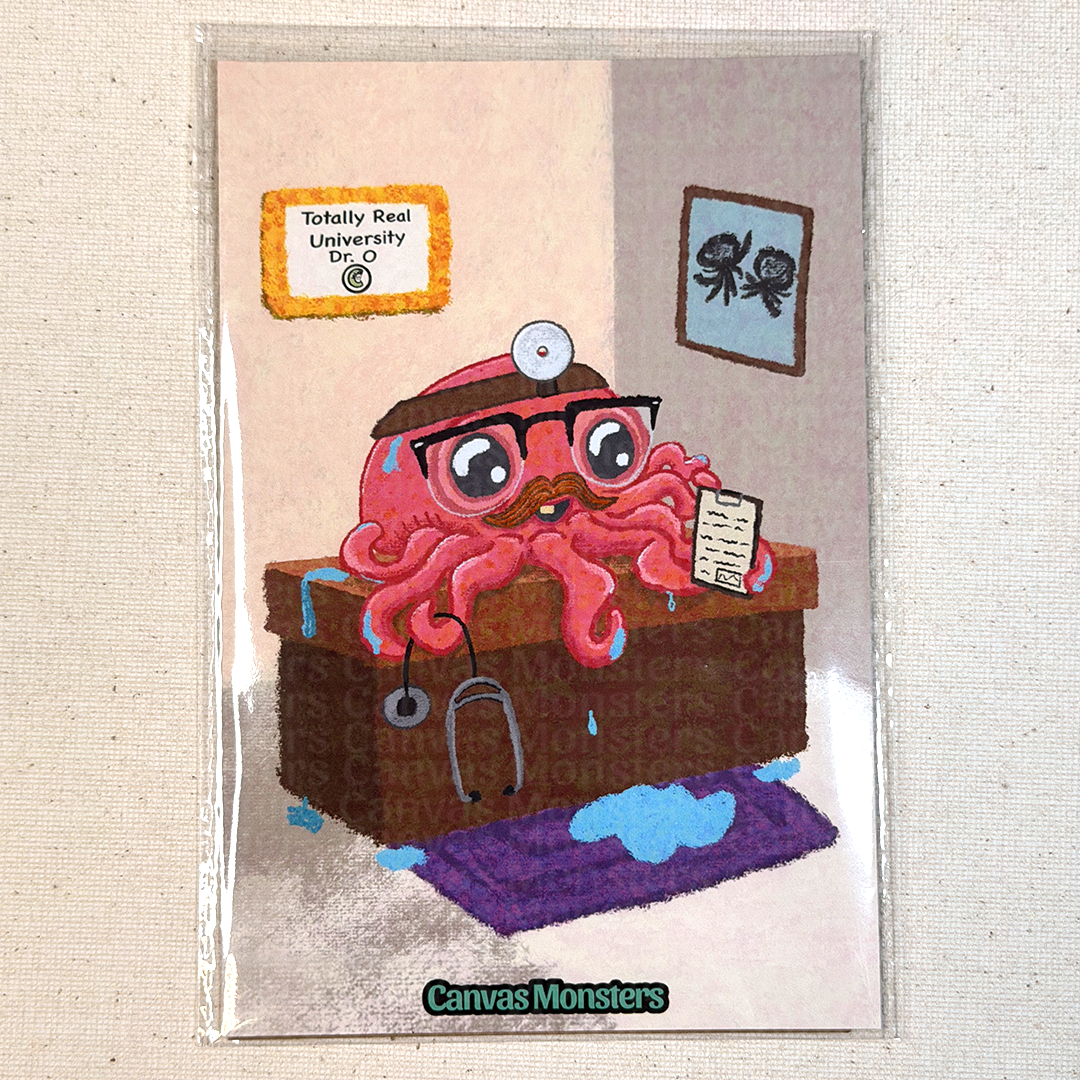 Illustration of a cartoon octopus character at a desk with medical equipment, labeled 'Canvas Monsters'.
