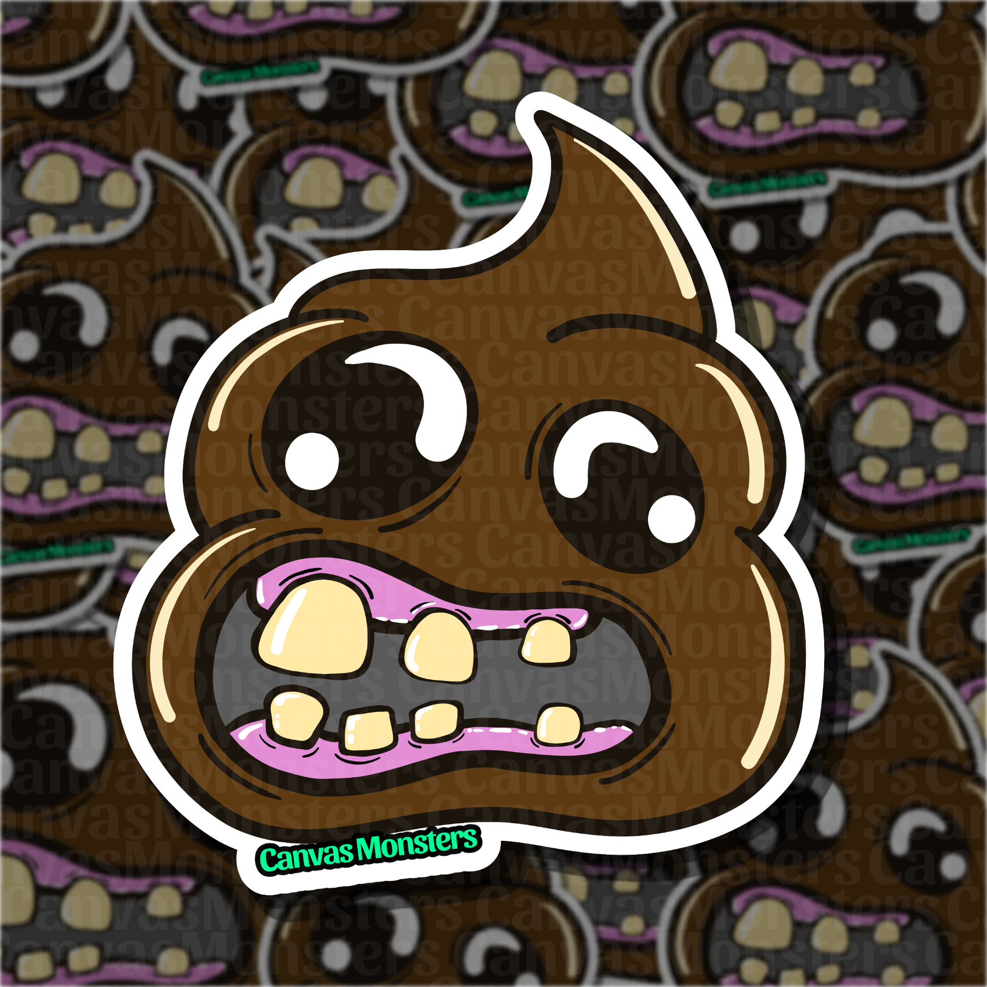 Cartoon poop emoji sticker with a smiling expression on a patterned background