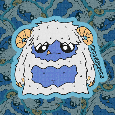 A sticker of a cartoon yeti with a blue and white color scheme, surrounded by a patterned background.