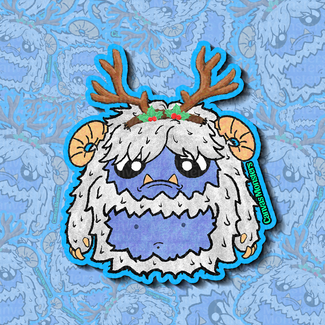 Cartoon yeti creature with white fur, blue belly, and antlers on a blue patterned background