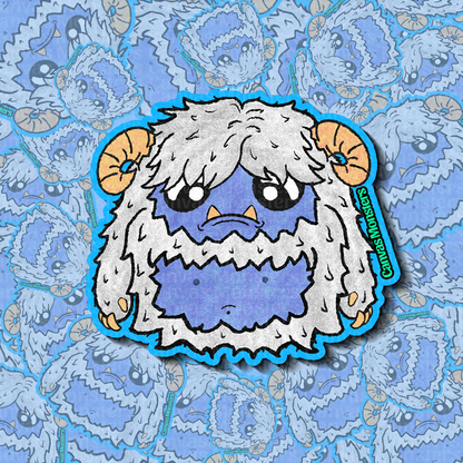 Cartoon yeti creature with white fur and orange horns on a blue patterned background