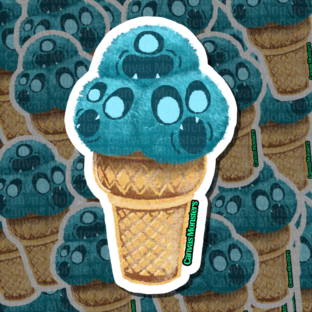 A die-cut sticker featuring a turquoise thread scooped headed monster ice cream in a waffle cone, shown against a repeating background of the same sticker design.