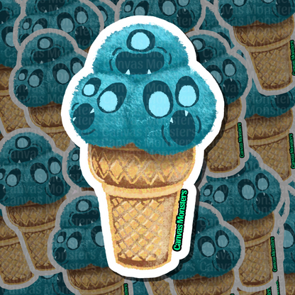 A die-cut sticker featuring a turquoise thread scooped headed monster ice cream in a waffle cone, shown against a repeating background of the same sticker design.