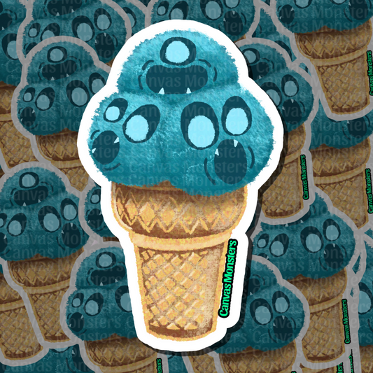 A die-cut sticker featuring a turquoise thread scooped headed monster ice cream in a waffle cone, shown against a repeating background of the same sticker design.
