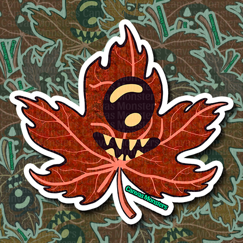 Red maple leaf variant monster sticker with white outline on a patterned background