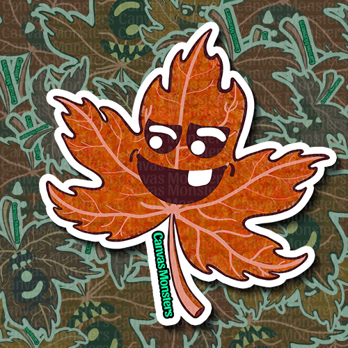 Cartoonish Red maple leaf monster sticker with a face, on a white outline on a patterned background