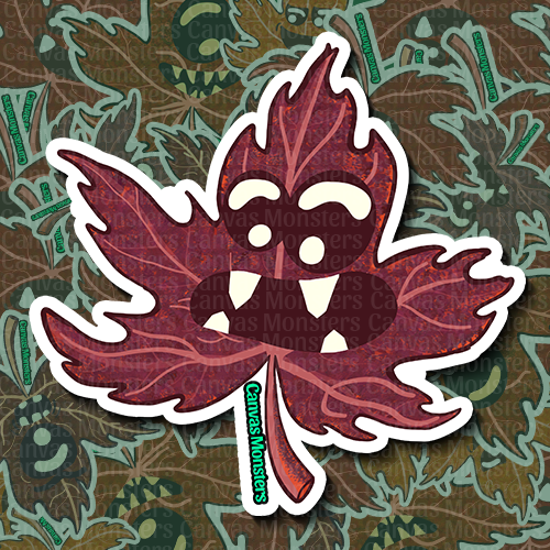 Red maple leaf monster sticker with white outline on a patterned background