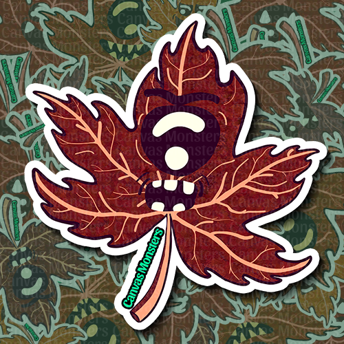 Leaf-shaped sticker with a monster face on a patterned background