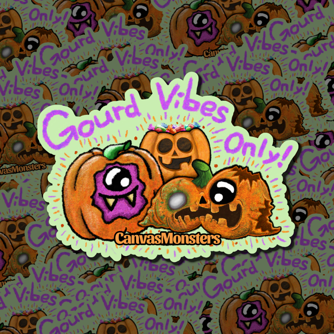 Image of a sticker with three jack-o-lantern pumpkins with a light green background and text that says "gourd vibes only" on a patterned background.