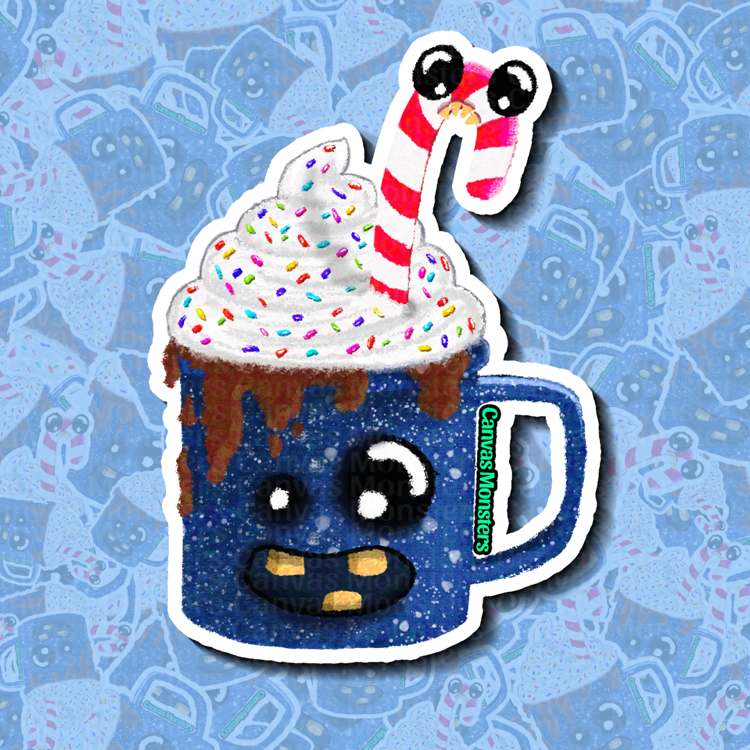 Cartoon hot chocolate mug with whipped cream and a candy cane on a blue patterned background.