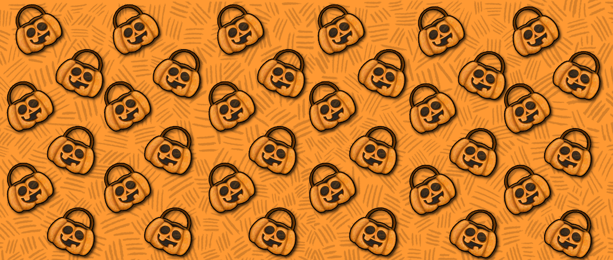 A repeating pattern of orange Halloween pumpkins with jack-o'-lantern faces outlined in black, set against a matching orange patterned background.