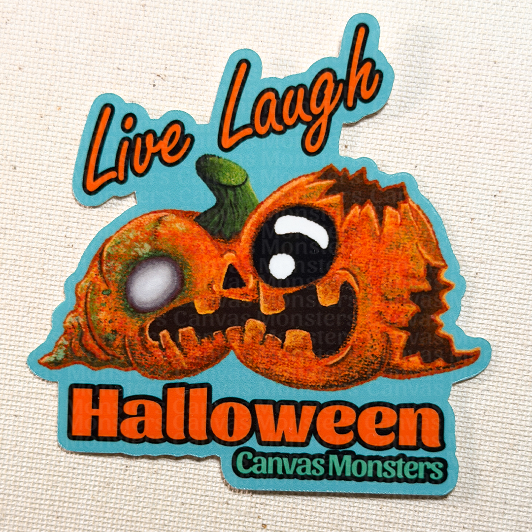 Halloween-themed sticker with a pumpkin and 'Live Laugh Halloween' text on a textured background