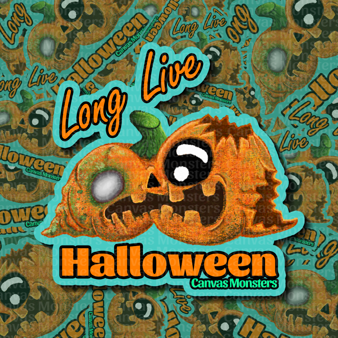 Halloween-themed design with a rotting pumpkin character and 'Long Live Halloween' text on a patterned background.