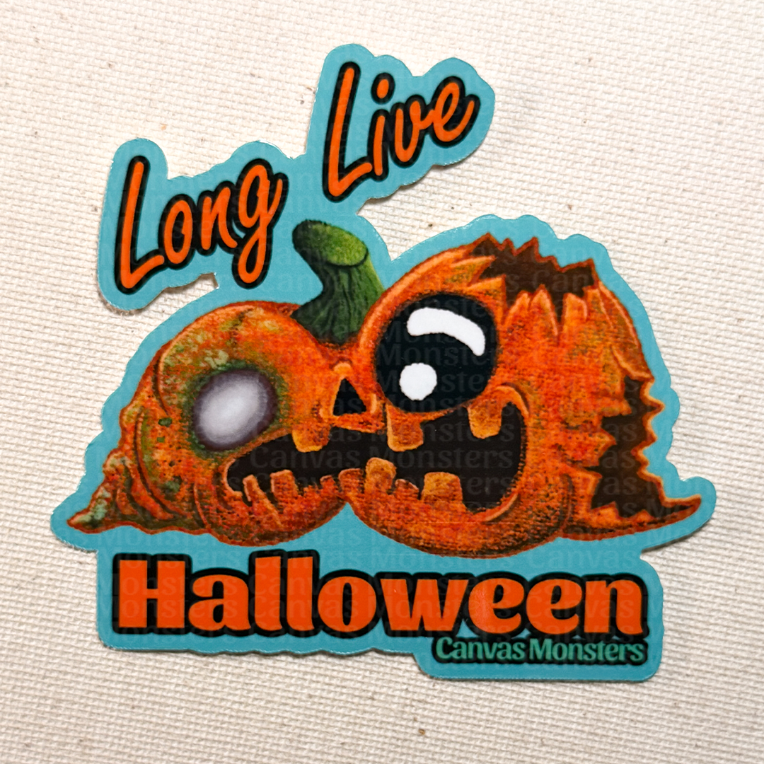 Halloween-themed sticker with a pumpkin design and 'Long Live Halloween' text on a textured background.
