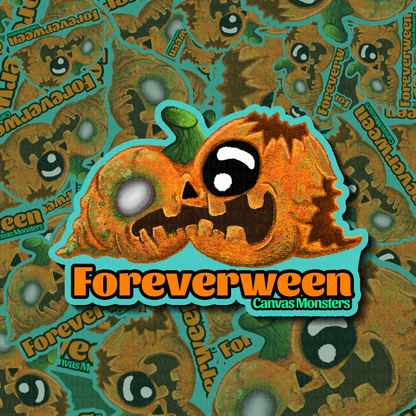 Sticker designed as cartoon pumpkin character with 'Foreverween' phrase on a teal patterned background.