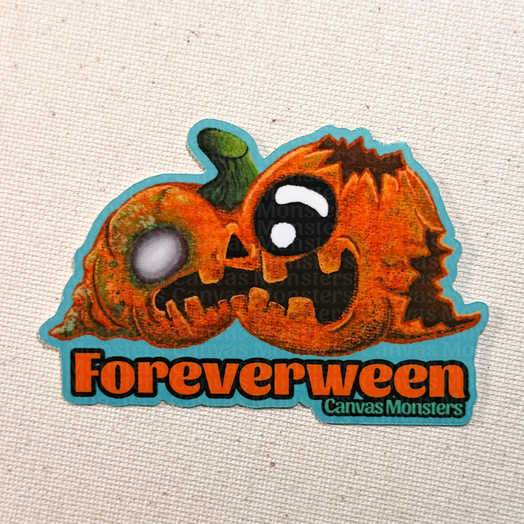 Halloween-themed sticker with a pumpkin design on a textured beige background