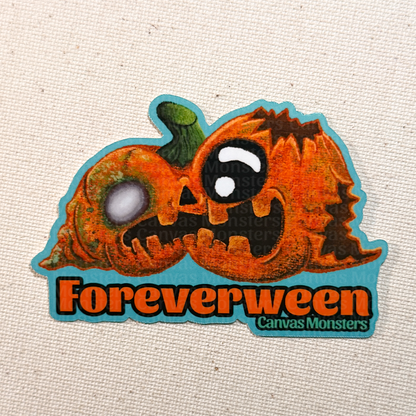 Halloween-themed sticker with a pumpkin design on a textured beige background
