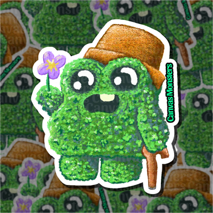 Cartoon character with a green body and brown hat on a patterned background