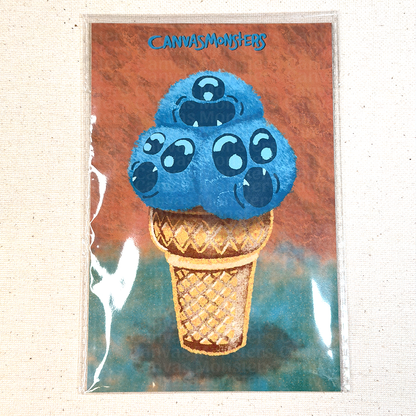 Blue ice cream cone with faces on a textured background, featuring the brand 'CanvasMonsters'.