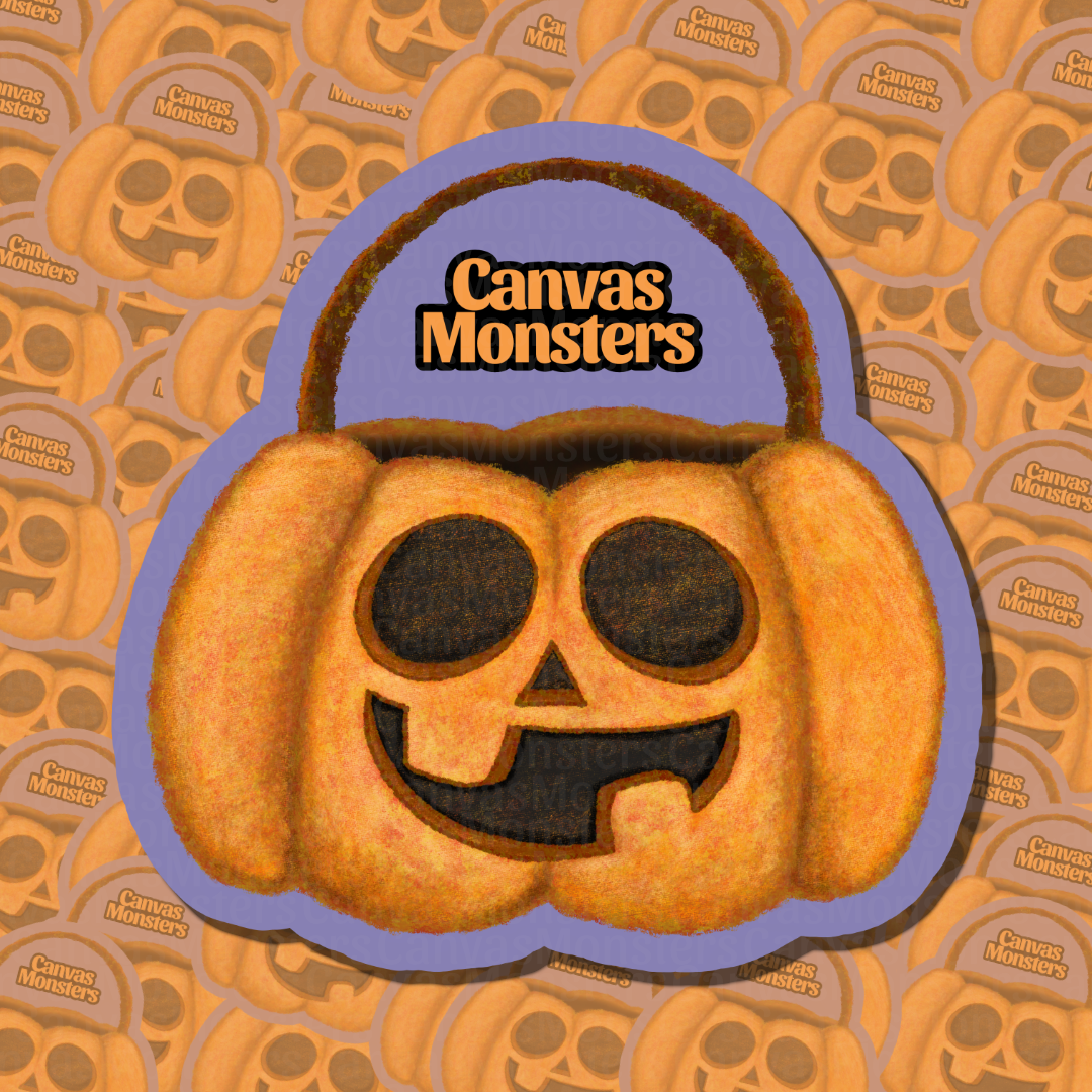 Die cute sticker of an orange jack o lantern against a patterned background.