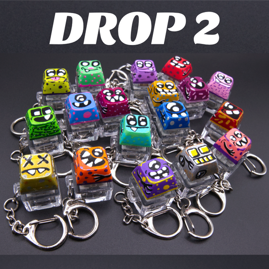 A group of small colorful cube-shaped keychains with cartoon monster faces, each mounted on a clear plastic stand and attached to a silver metal key ring. Large white text at the top reads 'DROP 2' on a dark background.