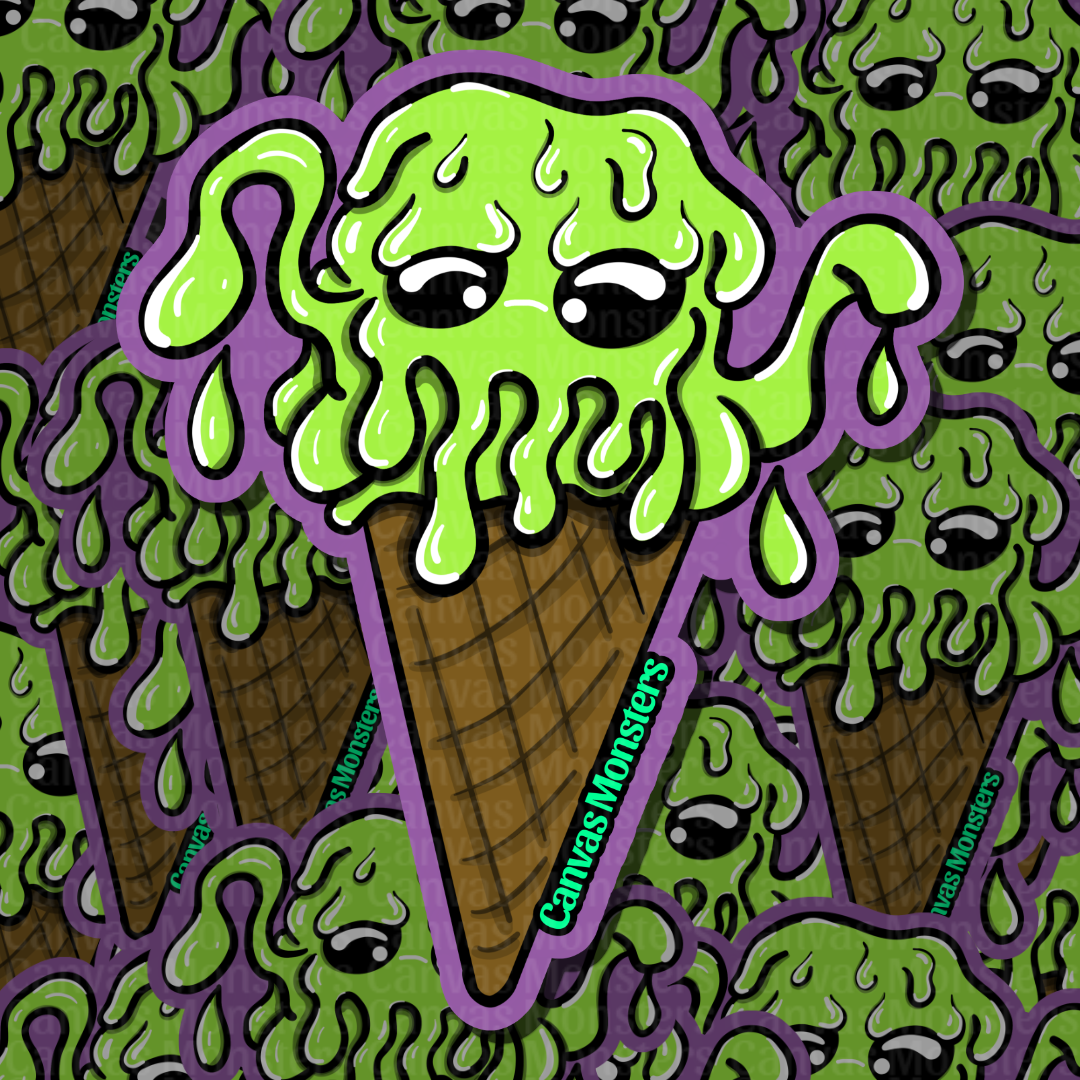 A repeating illustrated pattern of a melting green monster ice cream cone with a sad face, outlined in purple, on a matching patterned background. The waffle cone reads 'Canvas Monsters,' and the same phrase appears vertically on the sides.