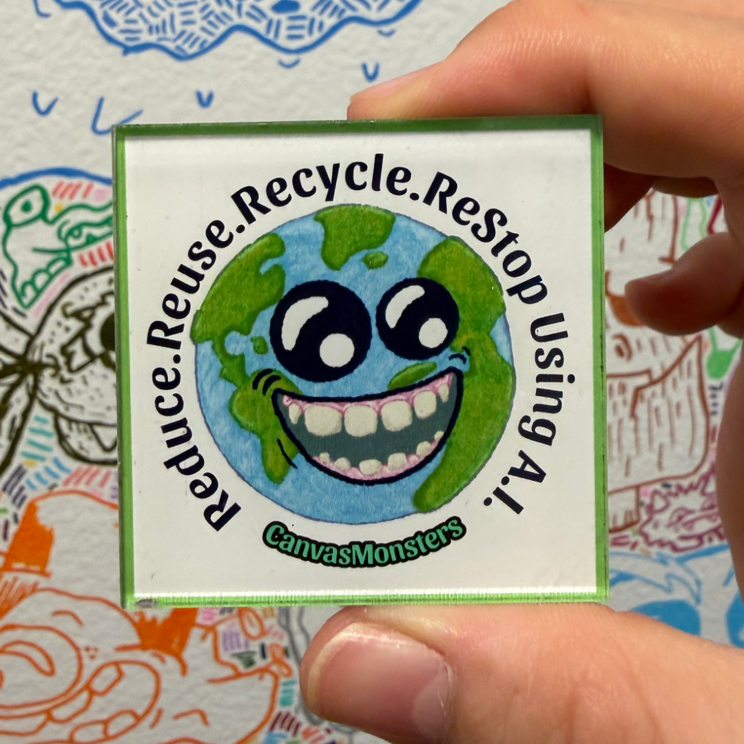 A hand holding a square magnet featuring a smiling cartoon Earth with the text 'Reduce. Reuse. Recycle. ReStop Using A.I."