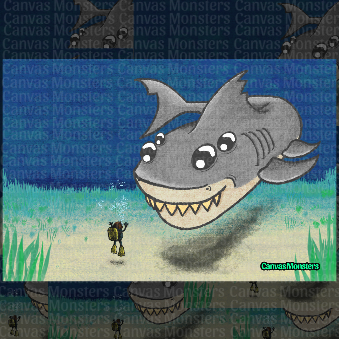 A cartoon-style underwater scene showing a large gray shark with a friendly face swimming above a small diver wearing a backpack and fins. The artwork has a textured, sketch-like appearance and is presented as a square print centered over a repeating dark patterned background.